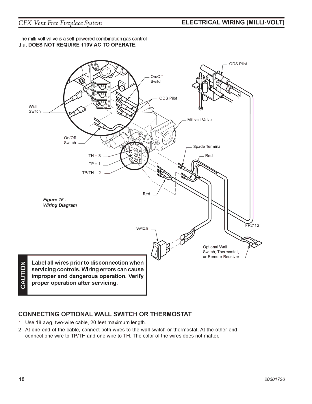 Monessen Hearth CFX24, CFX32 manual Electrical Wiring Milli-volt, Connecting Optional Wall Switch or Thermostat 