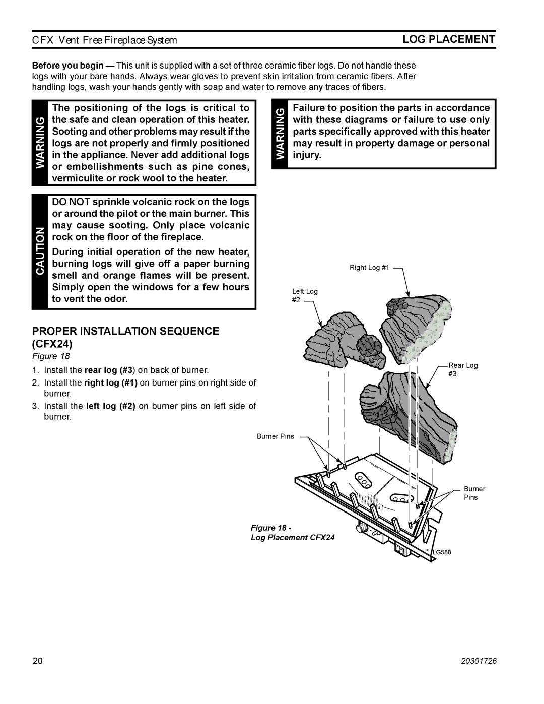 Monessen Hearth CFX32 manual LOG Placement, Proper installation sequence CFX24 