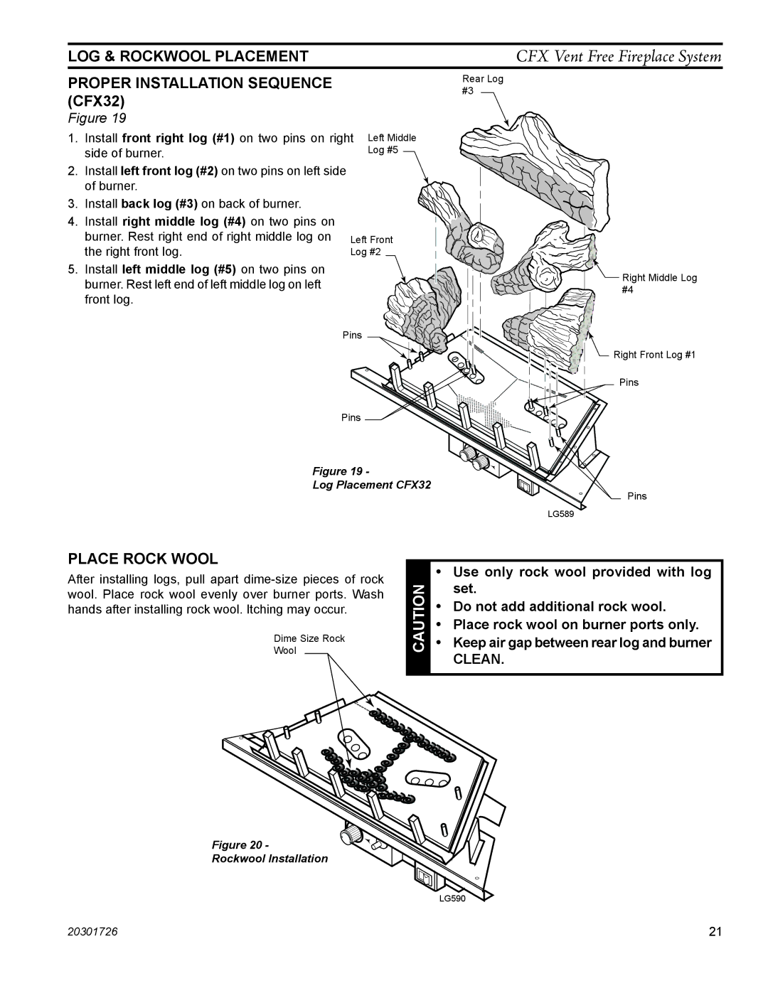 Monessen Hearth CFX32, CFX24 manual LOG & Rockwool Placement, Proper installation sequence, Place rock wool, Clean 