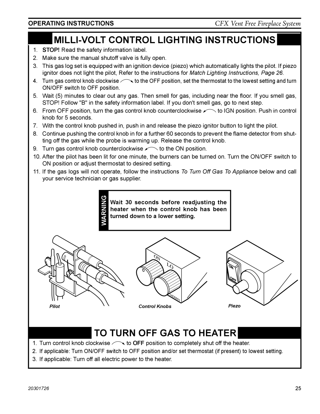 Monessen Hearth CFX32, CFX24 manual MILLI-VOLT Control Lighting Instructions 