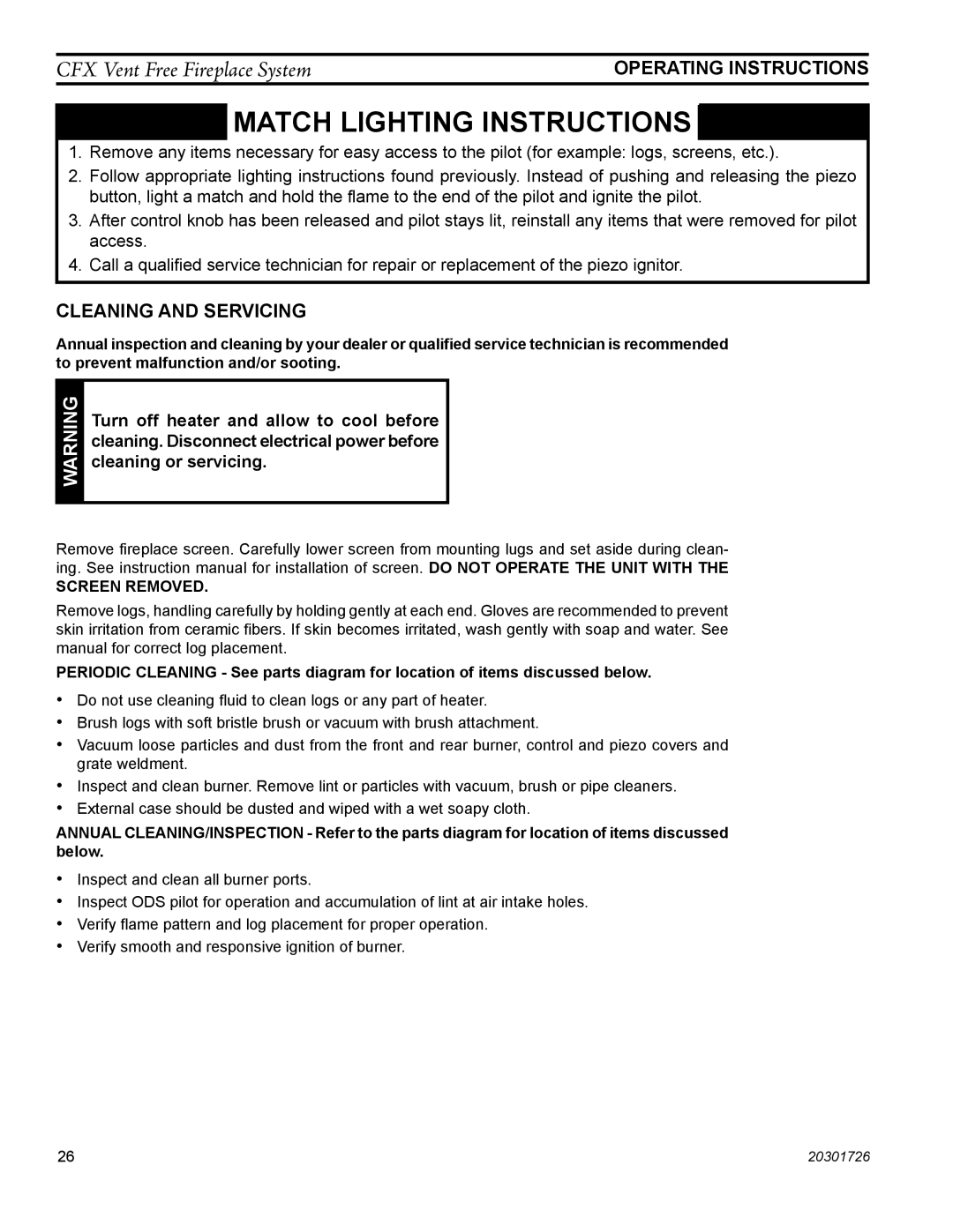 Monessen Hearth CFX24, CFX32 manual Match Lighting Instructions, Cleaning and Servicing 