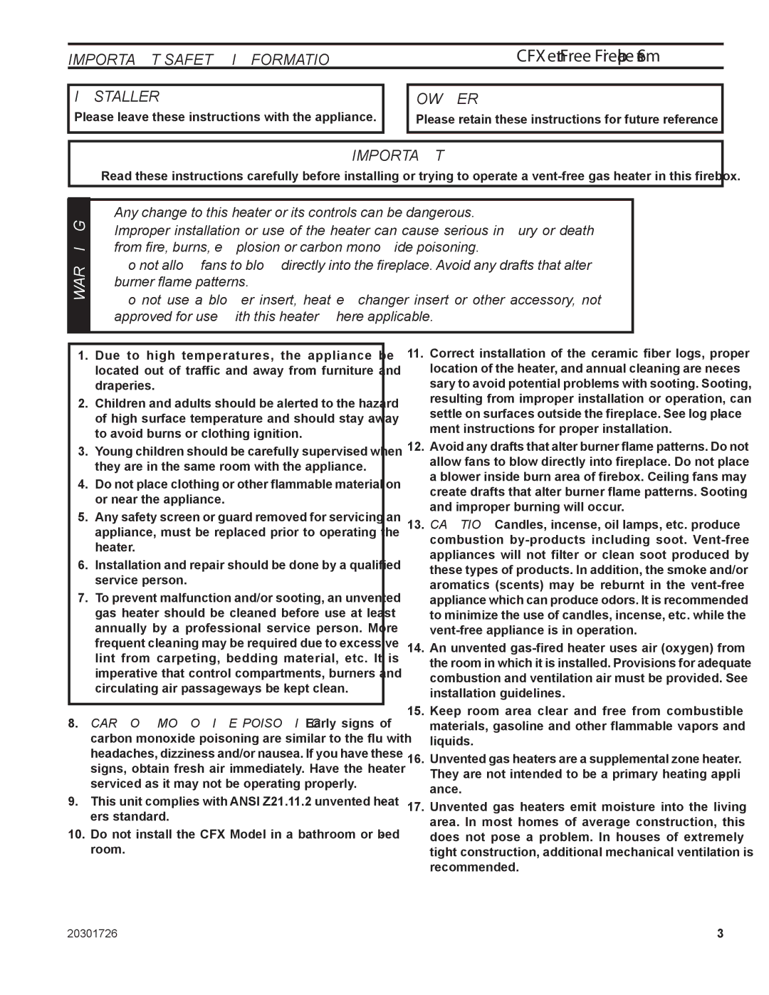 Monessen Hearth CFX32, CFX24 manual Important Safety Information, Installer, Owner 