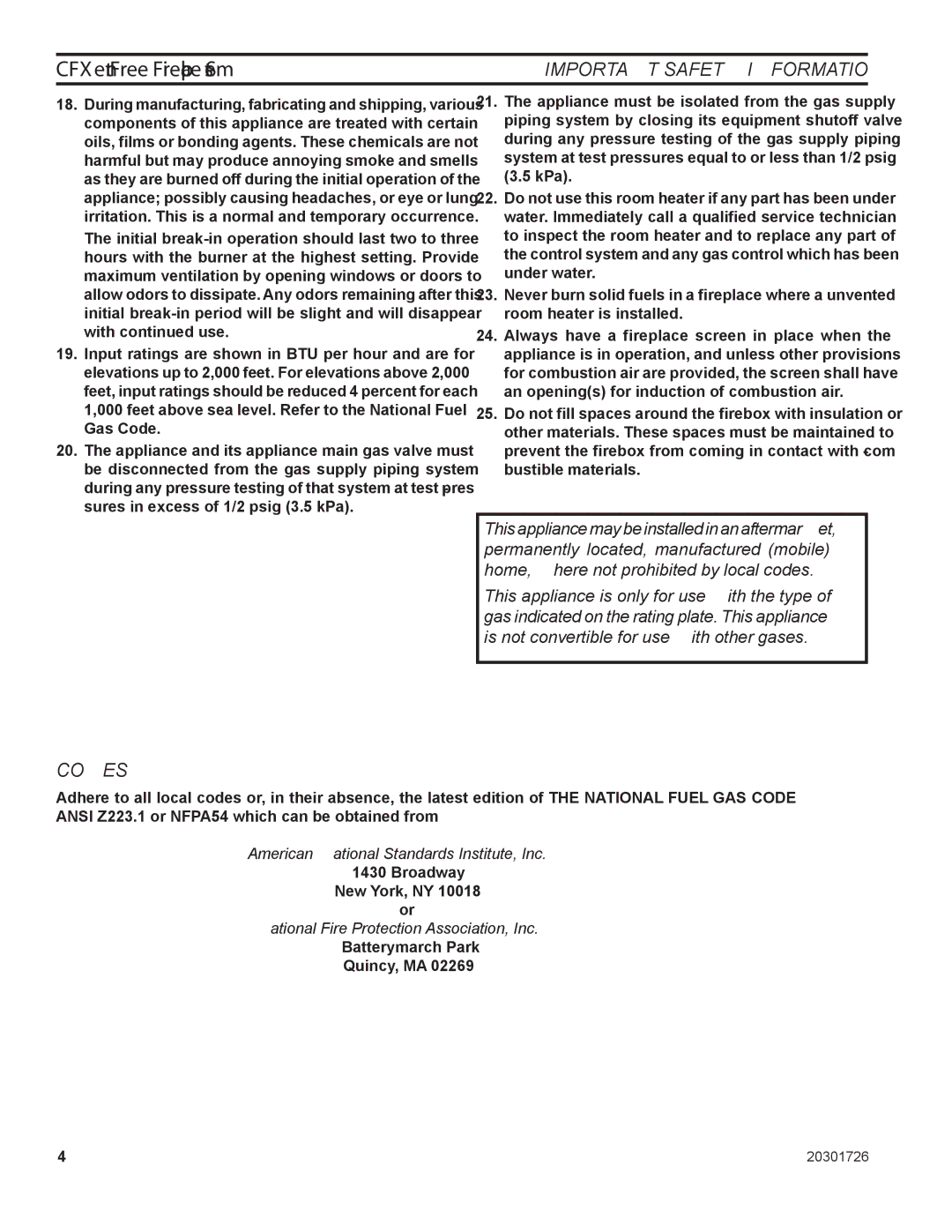 Monessen Hearth CFX24, CFX32 manual Codes, Important Safety Information 