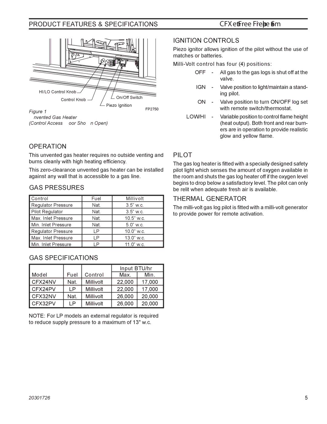 Monessen Hearth CFX32 Product Features & specifications, Operation, GAS pressures, Gas Specifications, Ignition controls 