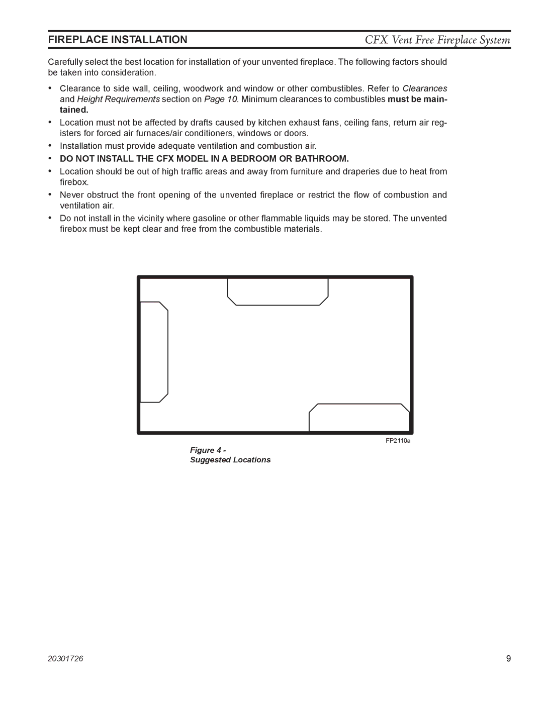 Monessen Hearth CFX32, CFX24 manual Fireplace Installation, Do not Install the CFX Model in a Bedroom or Bathroom 