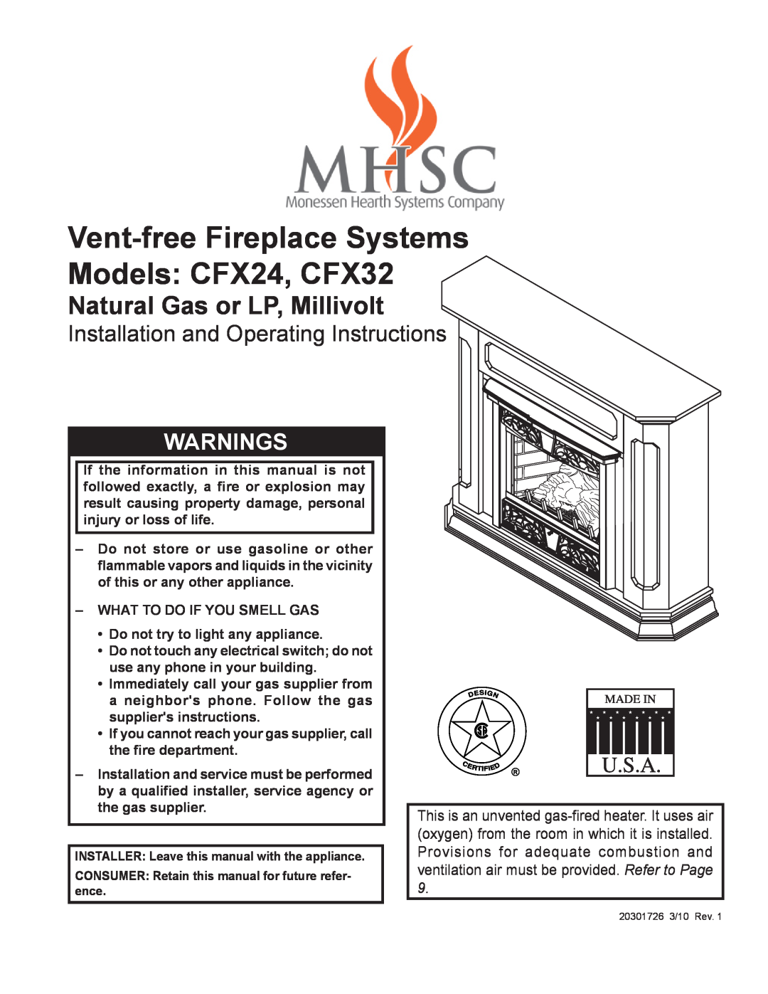 Monessen Hearth manual Vent-freeFireplace Systems Models CFX24, CFX32, Natural Gas or LP, Millivolt, Warnings 