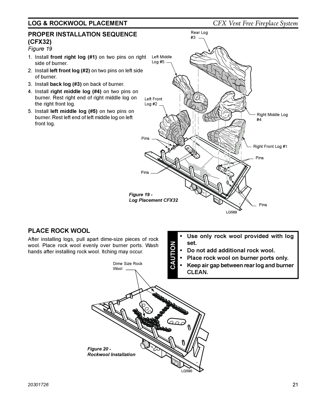 Monessen Hearth CFX32, CFX24 manual Log & Rockwool Placement, Proper installation sequence, Place rock wool 
