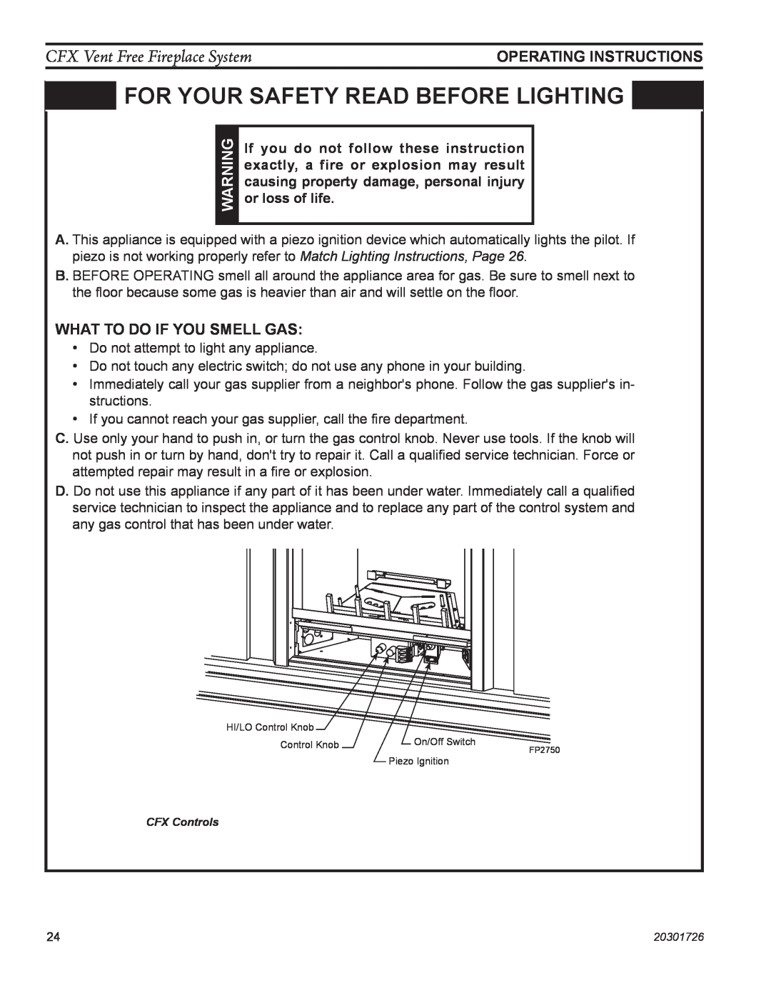 Monessen Hearth CFX24 For Your Safety Read Before Lighting, What To Do If You Smell Gas, CFX Vent Free Fireplace System 