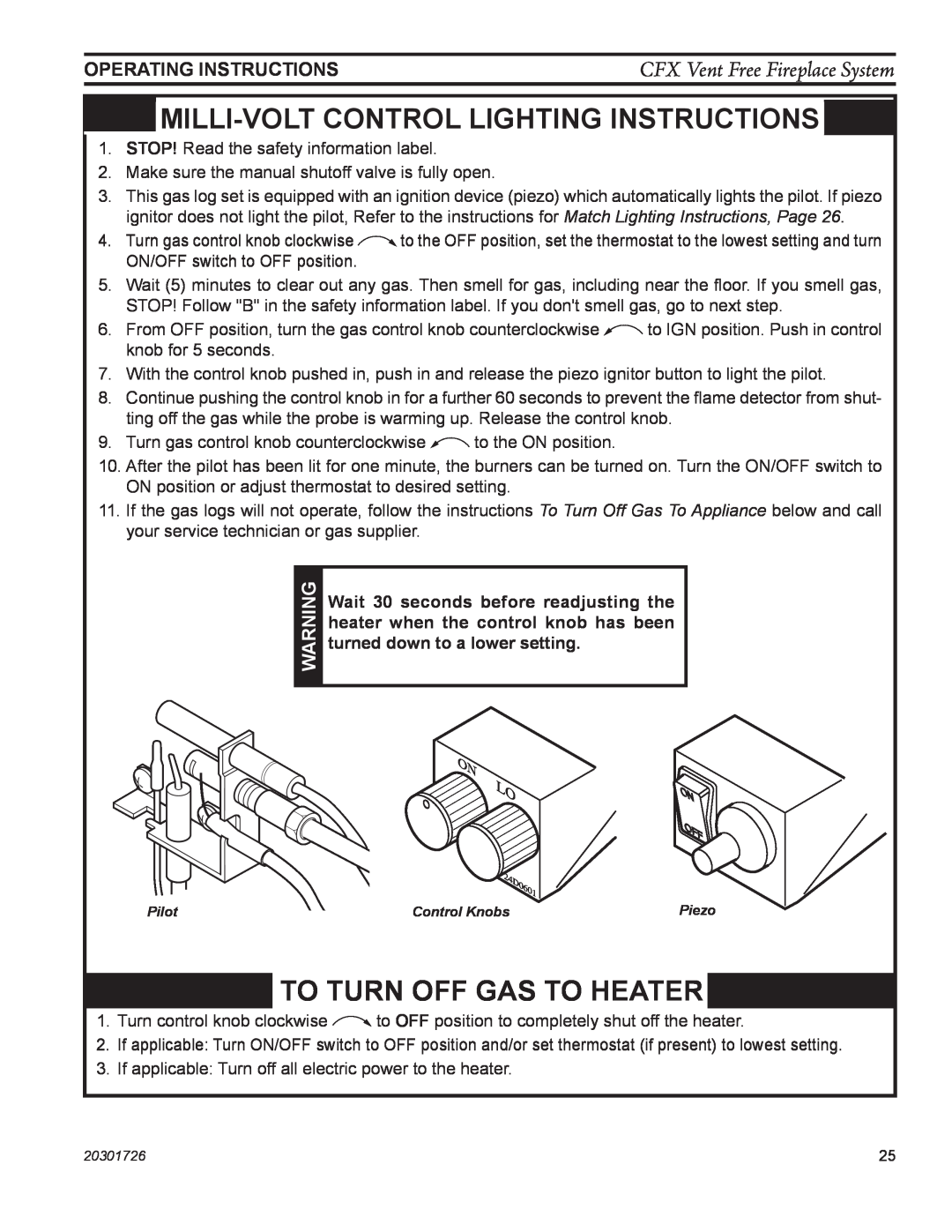 Monessen Hearth CFX32, CFX24 Milli-Voltcontrol Lighting Instructions, To Turn Off Gas To Heater, Operating Instructions 