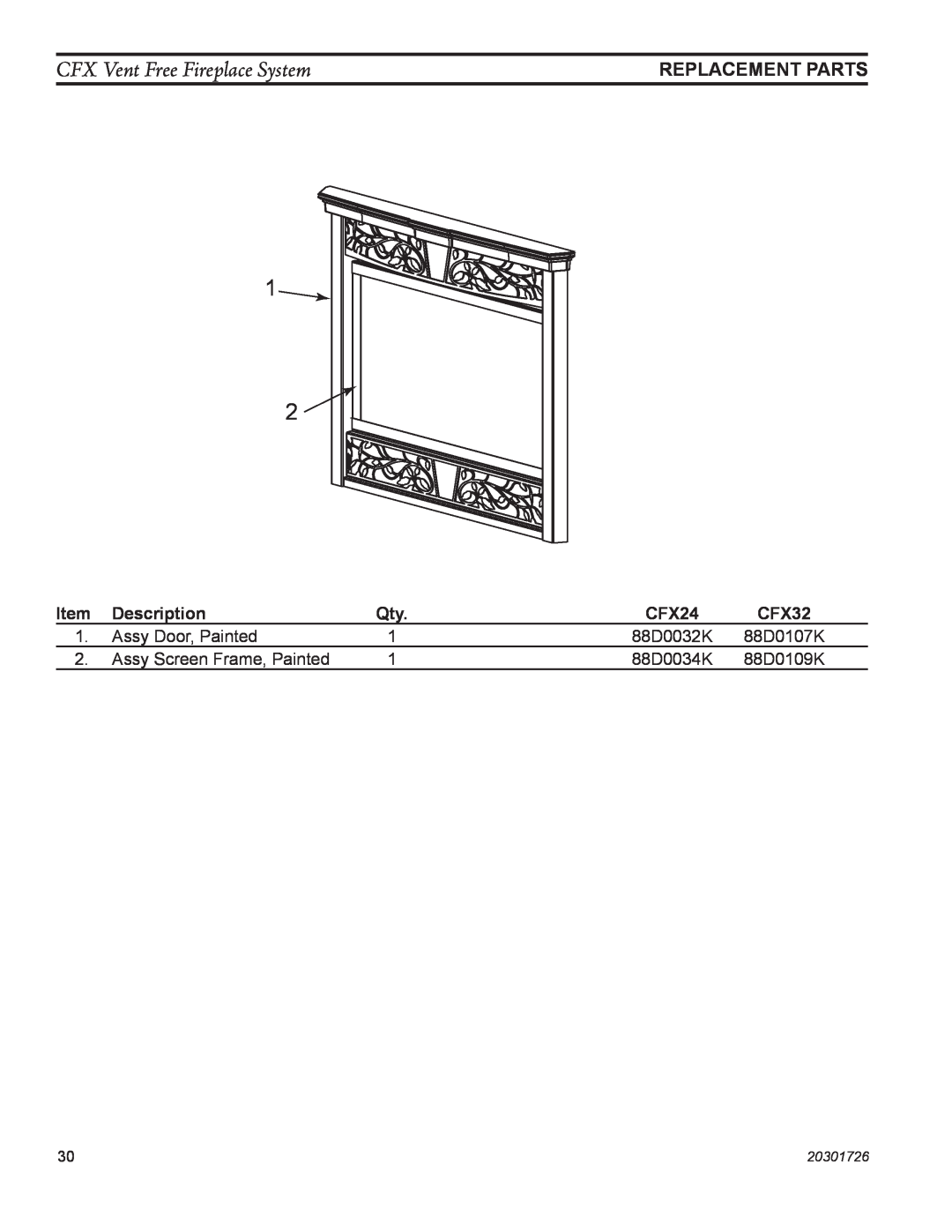 Monessen Hearth CFX24 manual CFX Vent Free Fireplace System, Replacement Parts, Description, CFX32 