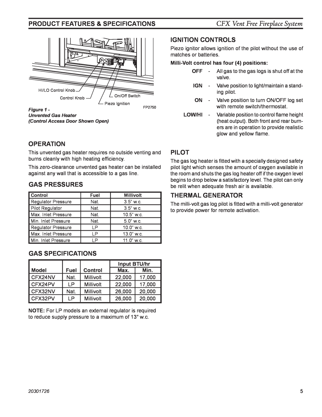 Monessen Hearth CFX32 PRODUCT FEATURES & specifications, CFX Vent Free Fireplace System, operation, GAS pressures, Pilot 