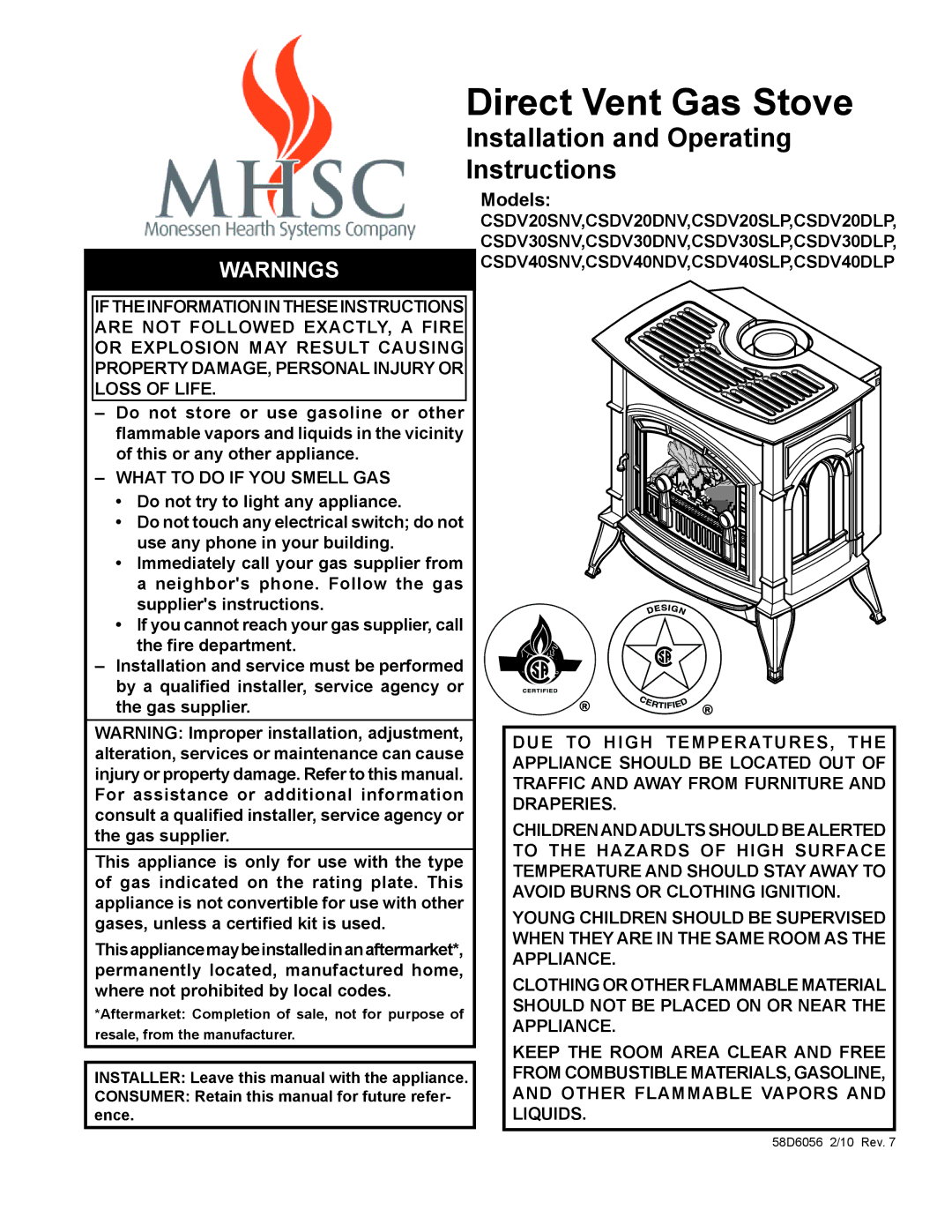 Monessen Hearth CSDV40SNV, CSDV40NDV, CSDV40DLP, CSDV40SLP, CSDV20DNV, CSDV20SNV manual Direct Vent Gas Stove, Models 