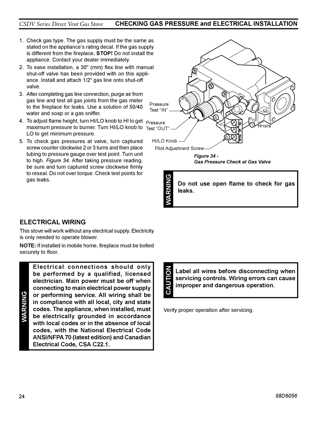 Monessen Hearth CSDV40NDV, CSDV40SNV, CSDV40DLP, CSDV40SLP, CSDV20DNV, CSDV20SNV, CSDV20DLP, CSDV30DLP manual Electrical Wiring 