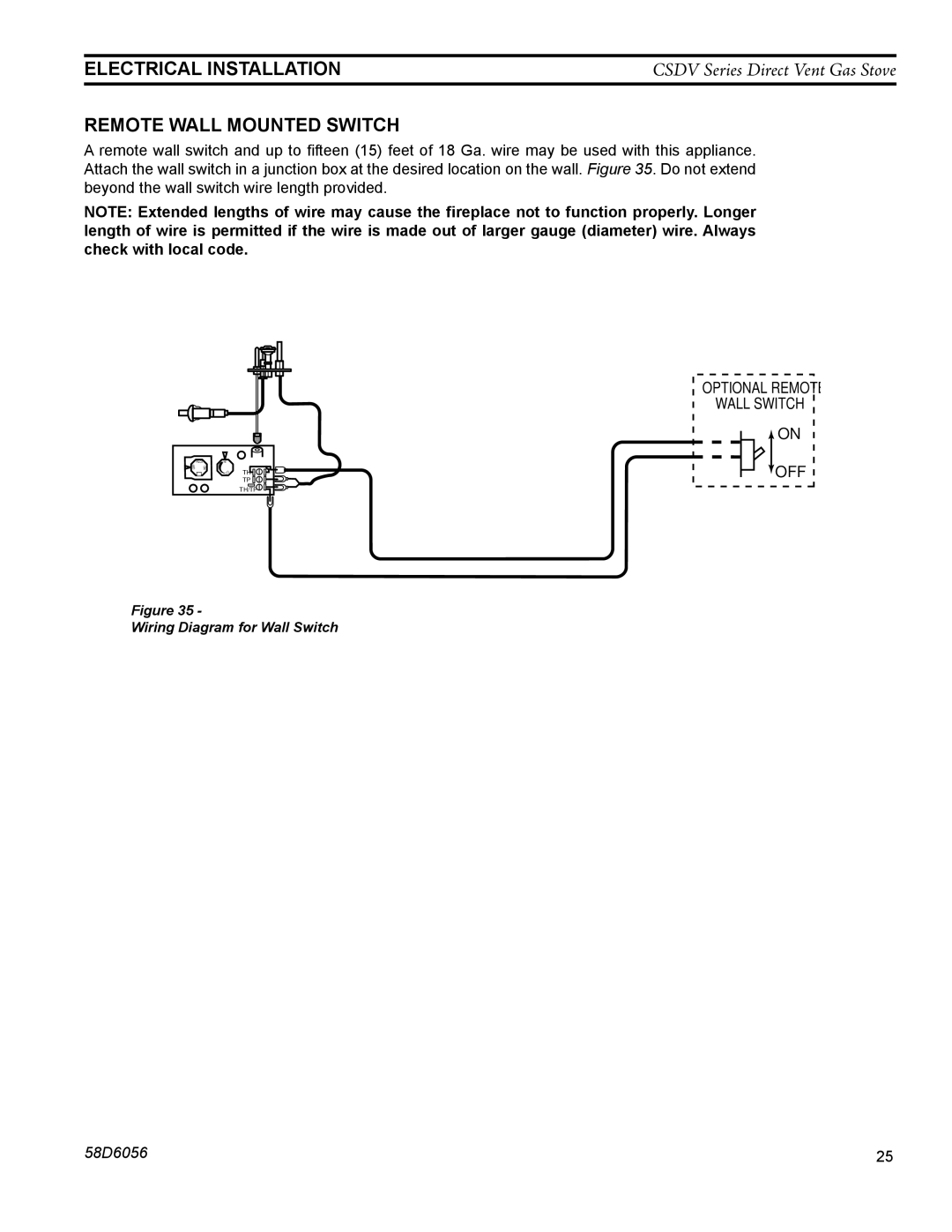 Monessen Hearth CSDV40SNV, CSDV40NDV, CSDV40DLP, CSDV40SLP, CSDV20DNV Electrical Installation, Remote Wall Mounted Switch 