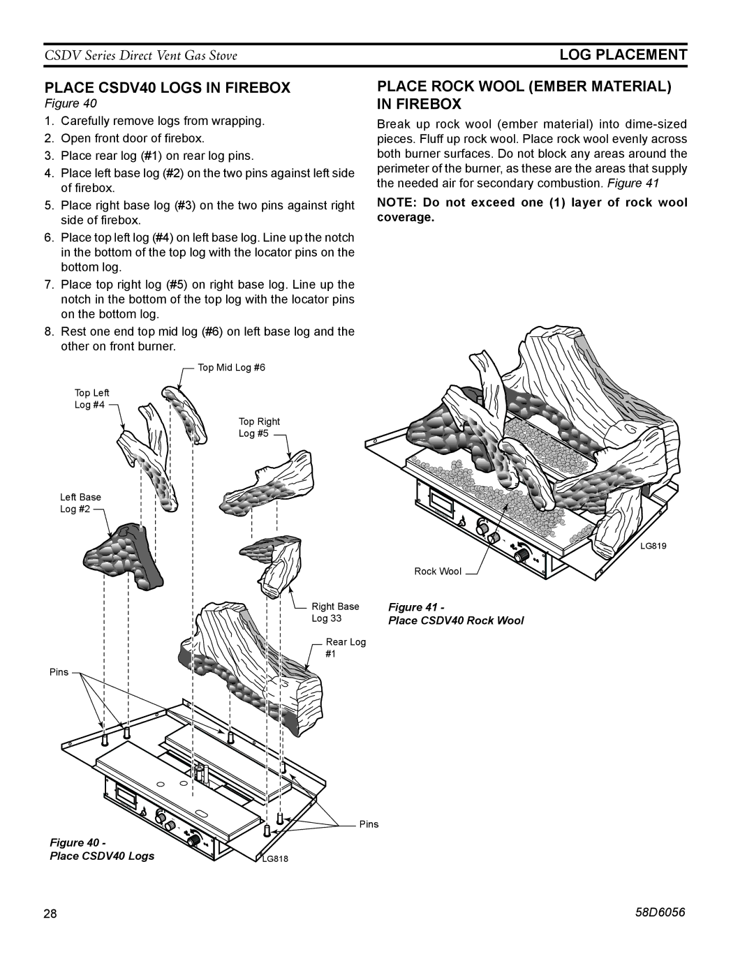 Monessen Hearth CSDV20DNV, CSDV40NDV, CSDV40SNV Place CSDV40 Logs in Firebox, Place Rock Wool Ember Material in Firebox 