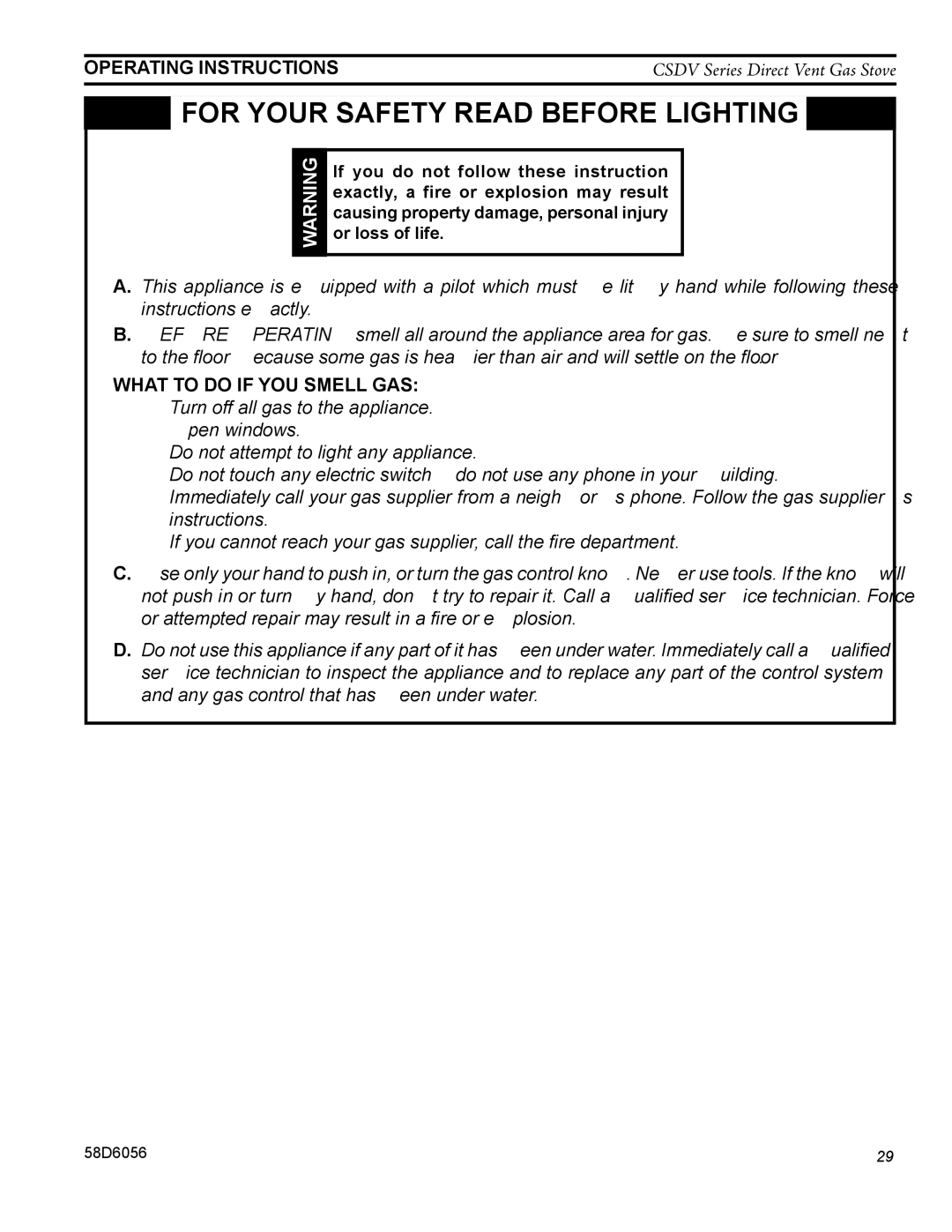 Monessen Hearth CSDV20SNV, CSDV40NDV, CSDV40SNV, CSDV40DLP, CSDV40SLP Operating Instructions, What to do if YOU Smell GAS 