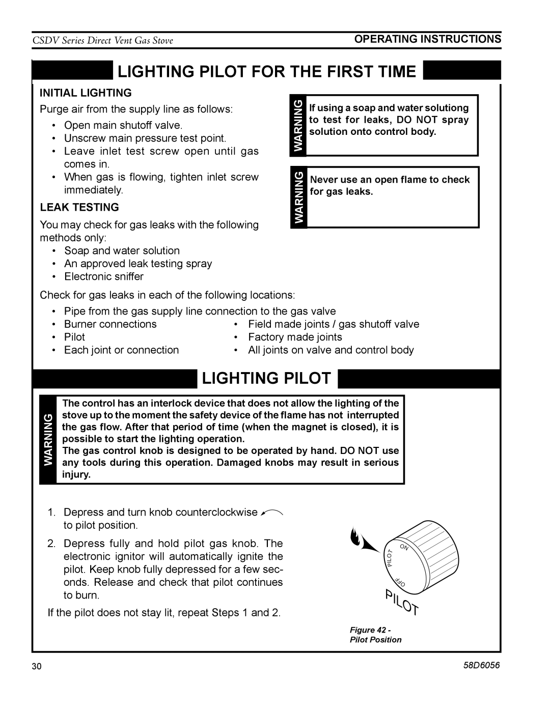 Monessen Hearth CSDV20DLP, CSDV40NDV, CSDV40SNV, CSDV40DLP, CSDV40SLP, CSDV20DNV, CSDV20SNV manual Initial lighting, Leak testing 