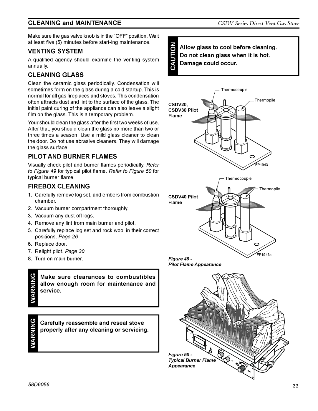 Monessen Hearth CSDV30DNV, CSDV40NDV Cleaning and Maintenance, Venting System, Cleaning Glass, Pilot and Burner Flames 