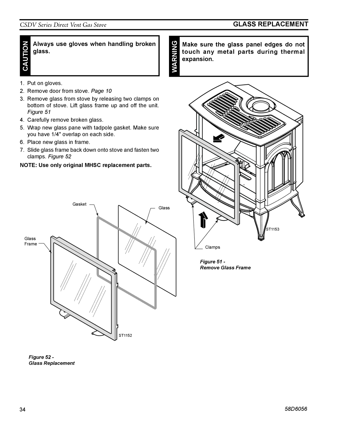 Monessen Hearth CSDV30SLP, CSDV40NDV, CSDV40SNV, CSDV40DLP, CSDV40SLP, CSDV20DNV, CSDV20SNV, CSDV20DLP manual Glass Replacement 