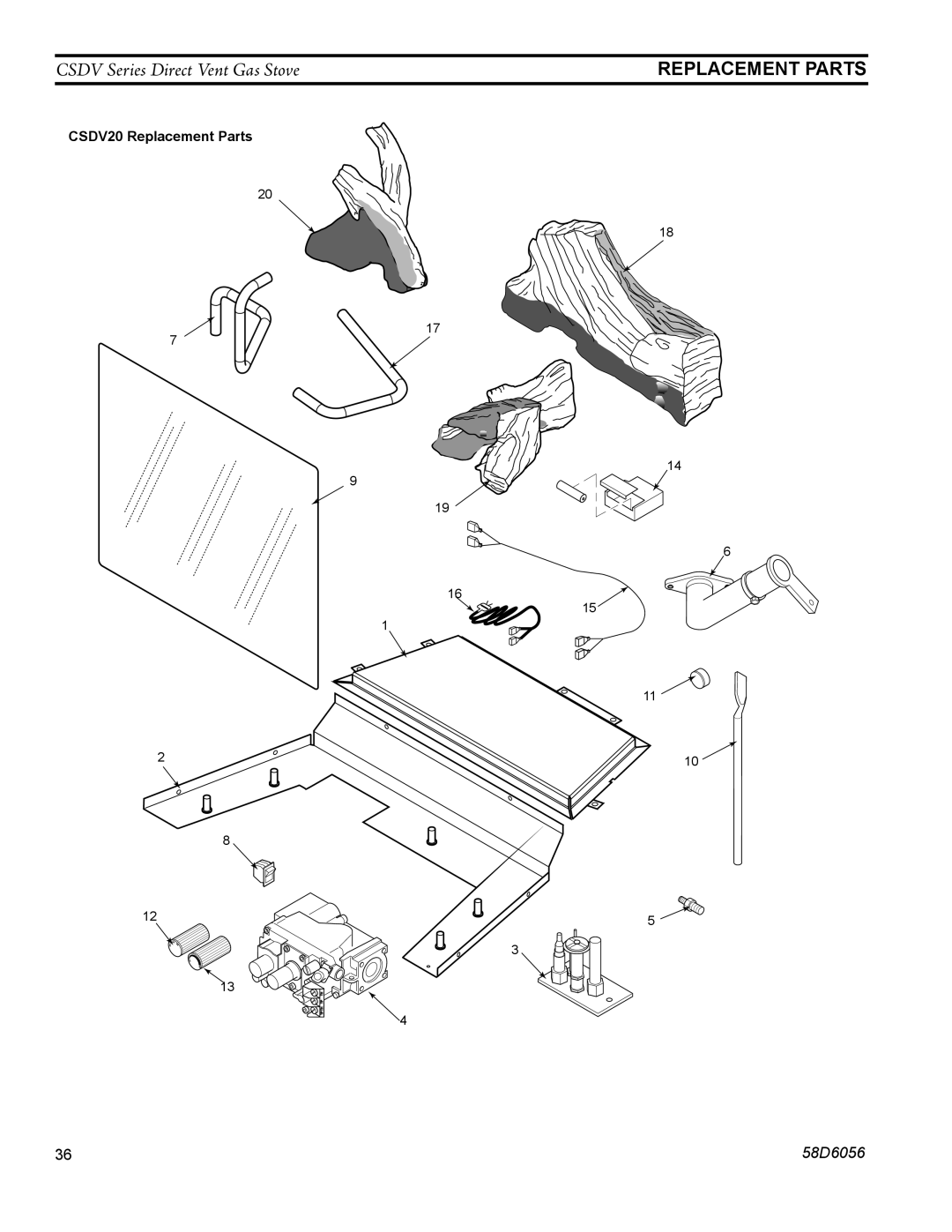 Monessen Hearth CSDV40NDV, CSDV40SNV, CSDV40DLP, CSDV40SLP, CSDV20DNV, CSDV20SNV, CSDV20DLP, CSDV30DLP manual Replacement Parts 