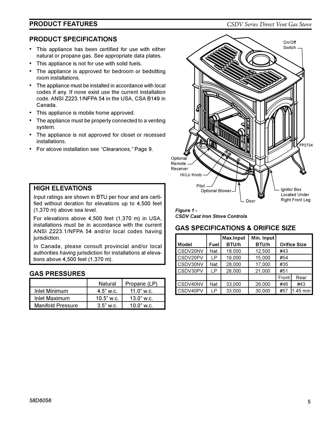 Monessen Hearth CSDV20SNV, CSDV40NDV, CSDV40SNV Product features, Product Specifications, High Elevations, GAS pressures 