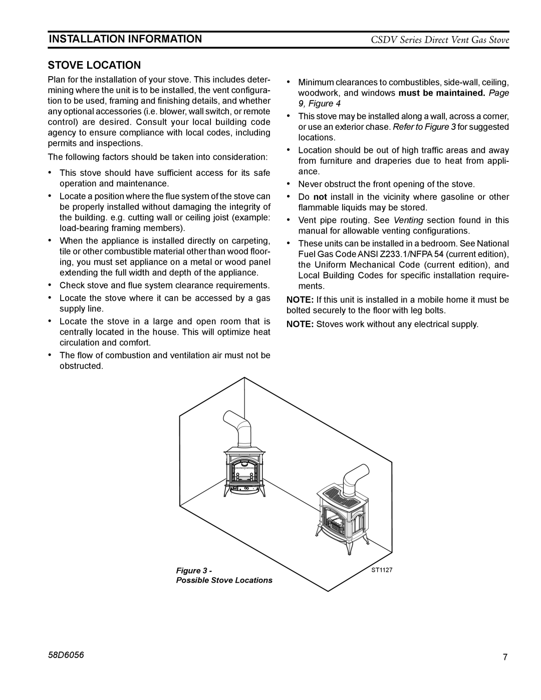 Monessen Hearth CSDV30DLP, CSDV40NDV, CSDV40SNV, CSDV40DLP, CSDV40SLP, CSDV20DNV manual INSTALLATION Information, Stove Location 