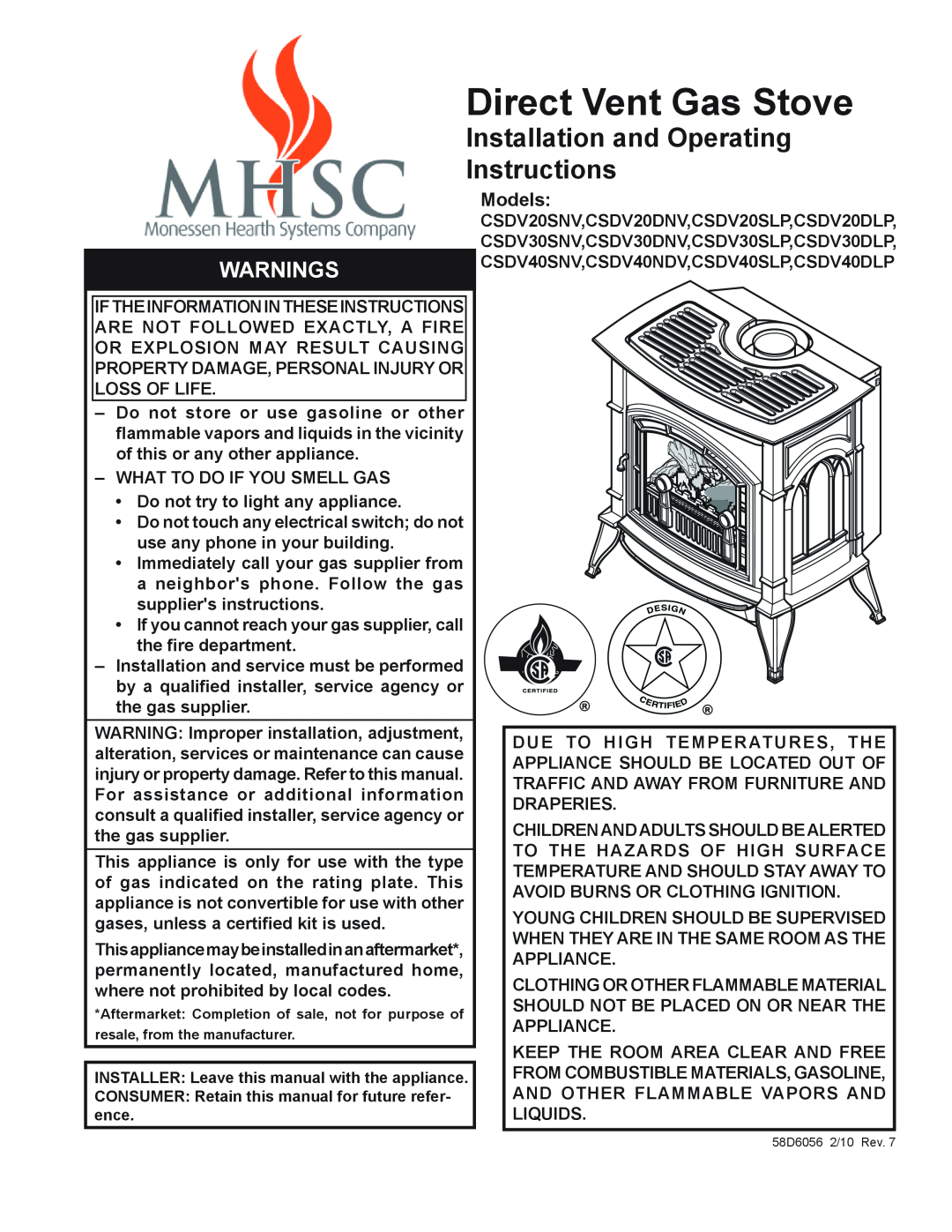 Monessen Hearth CSDV40SNV manual Models, Read Before Installing. Save These Instructions, Direct Vent Gas Stove, Warnings 