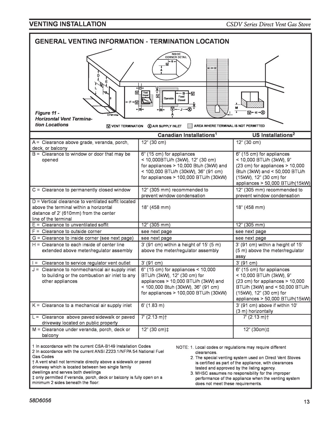 Monessen Hearth CSDV40SNV manual Venting installation, CSDV Series Direct Vent Gas Stove, Canadian Installations1, 58D6056 
