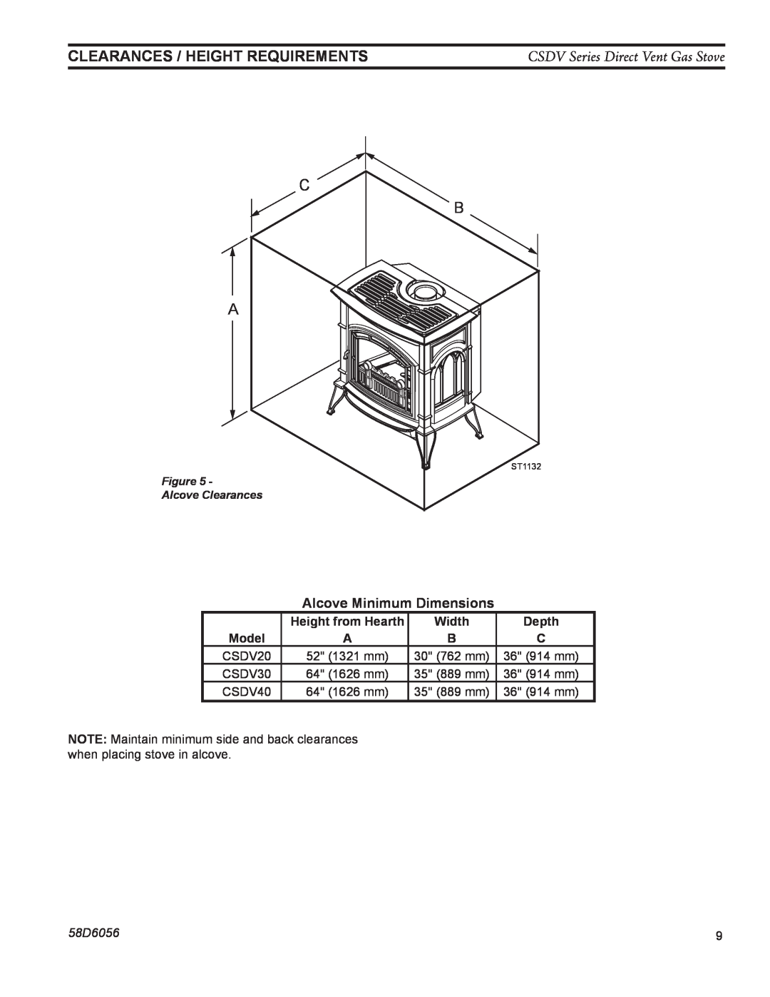 Monessen Hearth CSDV30DNV clearances / Height Requirements, Alcove Minimum Dimensions, CSDV Series Direct Vent Gas Stove 