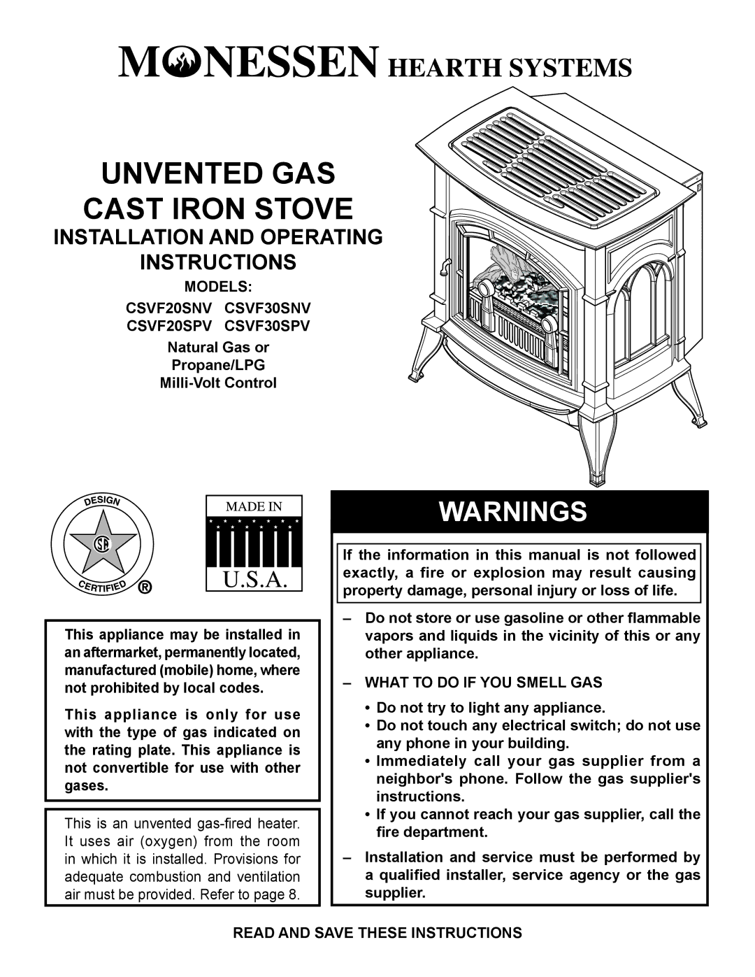 Monessen Hearth manual Models CSVF20SNV CSVF30SNV CSVF20SPV CSVF30SPV, What to do if YOU Smell GAS 