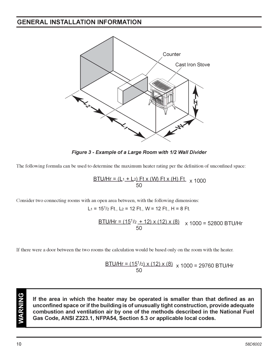 Monessen Hearth CSVF30SNV, CSVF30SPV, CSVF20SNV Counter Cast Iron Stove, L1 = 151/2 Ft., L2 = 12 Ft., W = 12 Ft., H = 8 Ft 