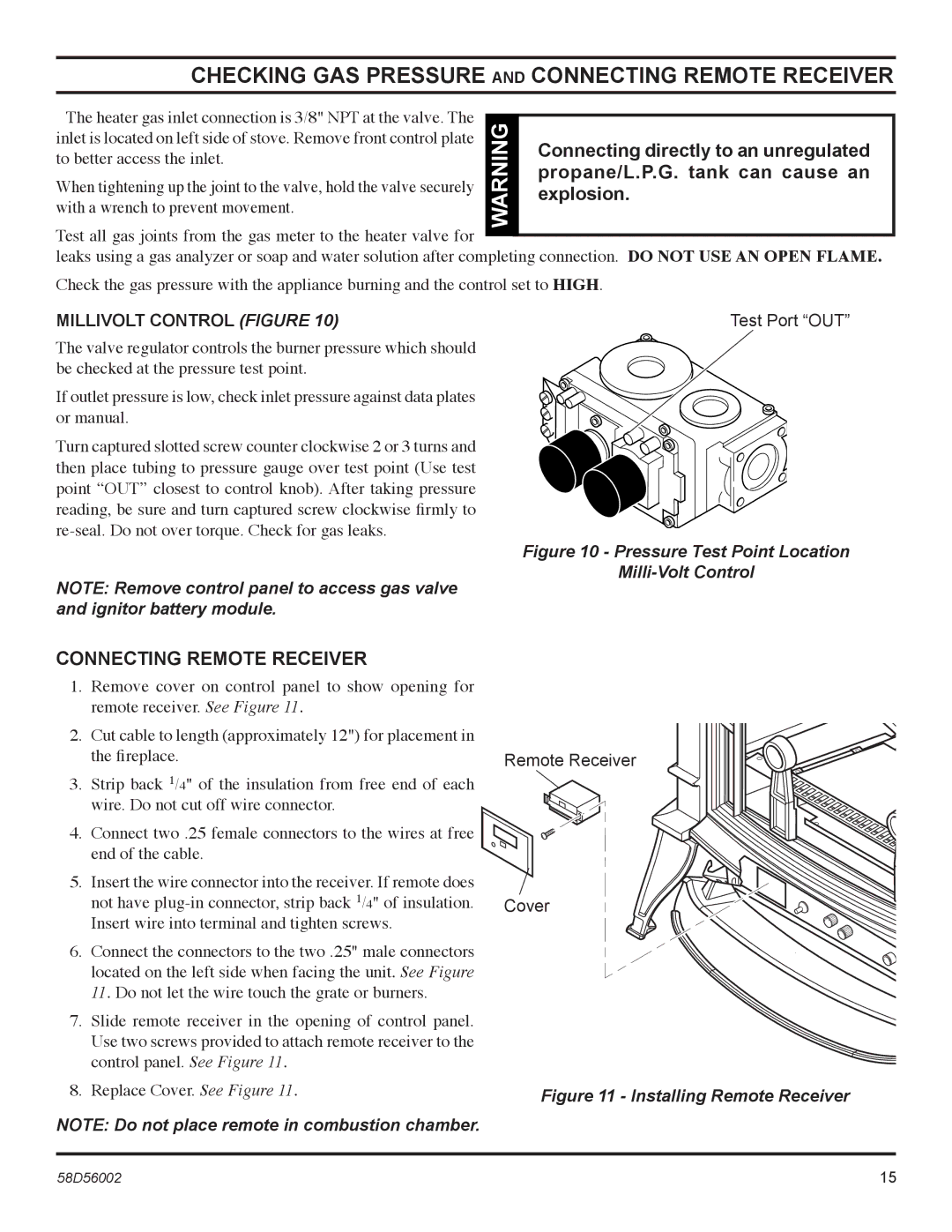 Monessen Hearth CSVF20SPV, CSVF30SPV manual Checking GAS Pressure and Connecting Remote Receiver, Millivolt Control Figure 