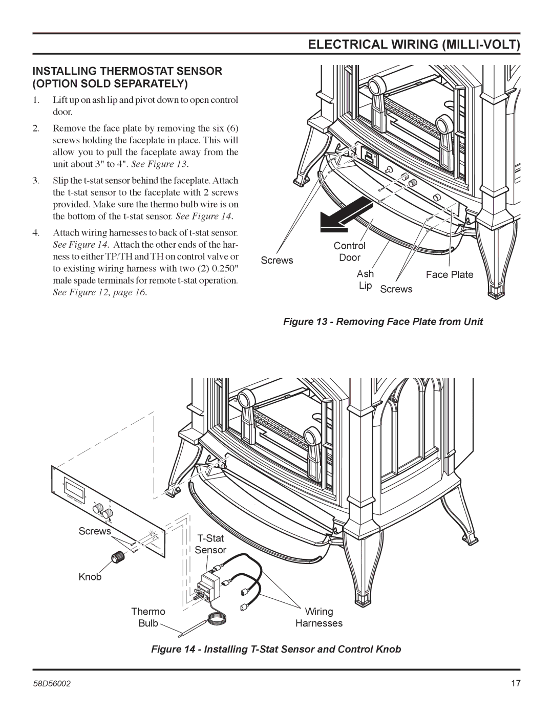 Monessen Hearth CSVF20SNV Installing Thermostat Sensor Option Sold Separately, Screws Door, Ash Face Plate, Lip Screws 