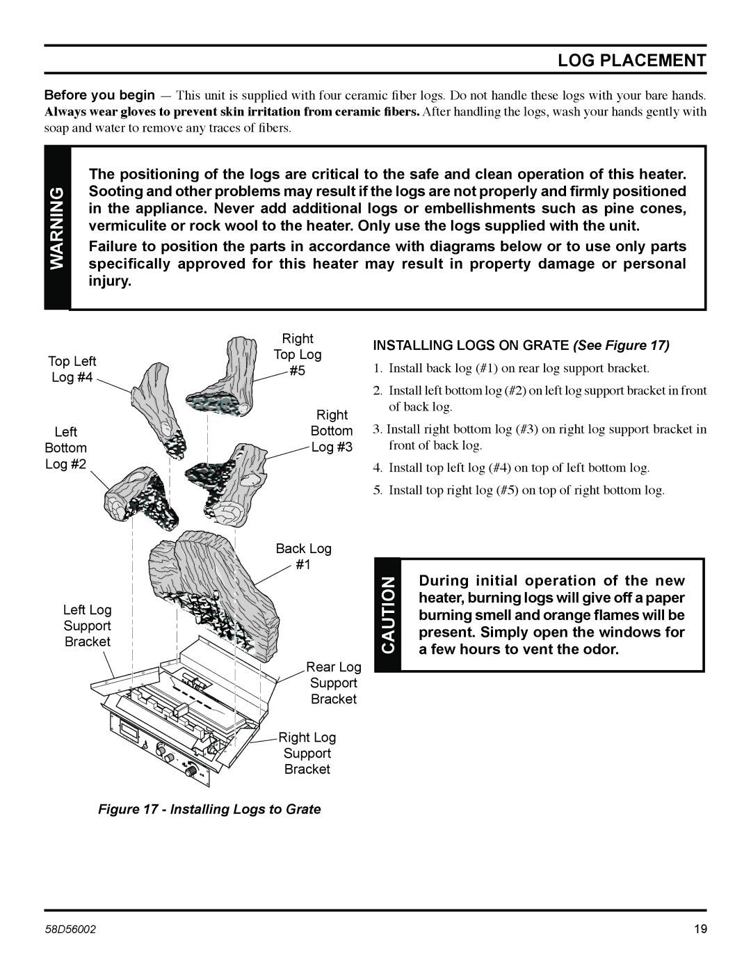 Monessen Hearth CSVF20SPV, CSVF30SPV, CSVF20SNV, CSVF30SNV manual LOG Placement, Top Left Log #4 Bottom Log #2 Support Bracket 