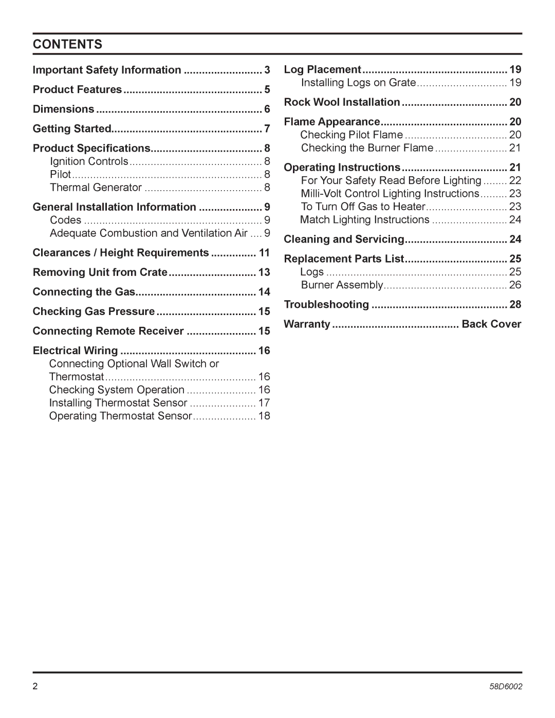 Monessen Hearth CSVF30SNV, CSVF30SPV, CSVF20SNV, CSVF20SPV manual Contents 