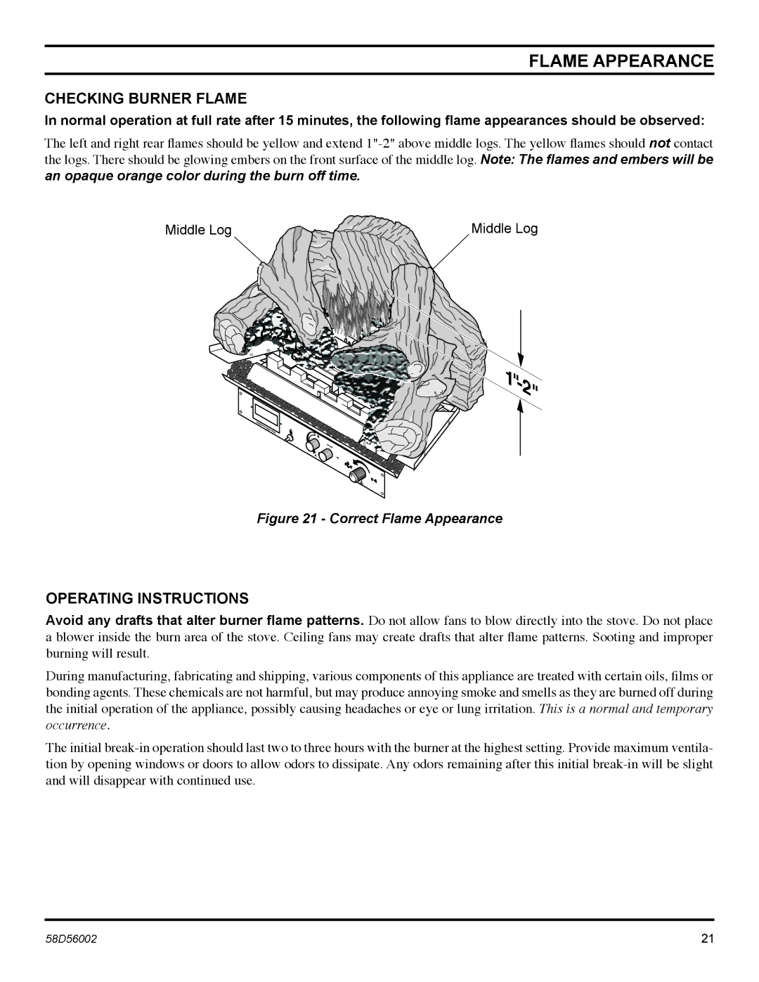 Monessen Hearth CSVF20SNV, CSVF30SPV, CSVF30SNV Flame Appearance, Checking Burner Flame, Operating Instructions, Middle Log 