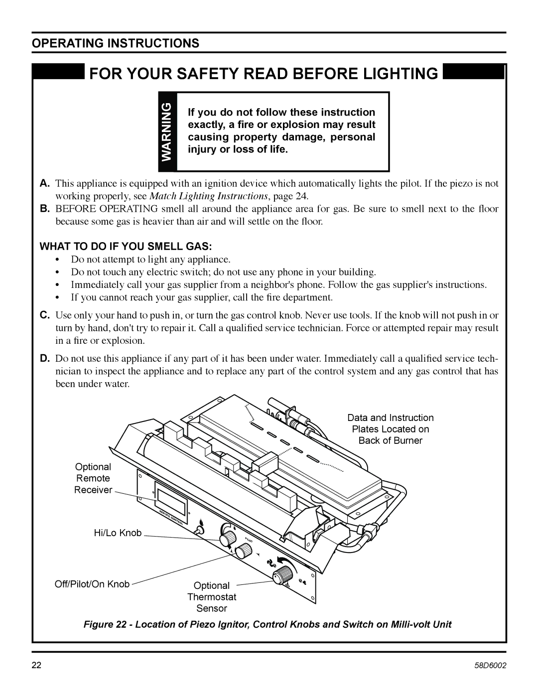 Monessen Hearth CSVF30SNV, CSVF30SPV, CSVF20SNV manual Operating Instructions, Off/Pilot/On Knob Optional Thermostat Sensor 