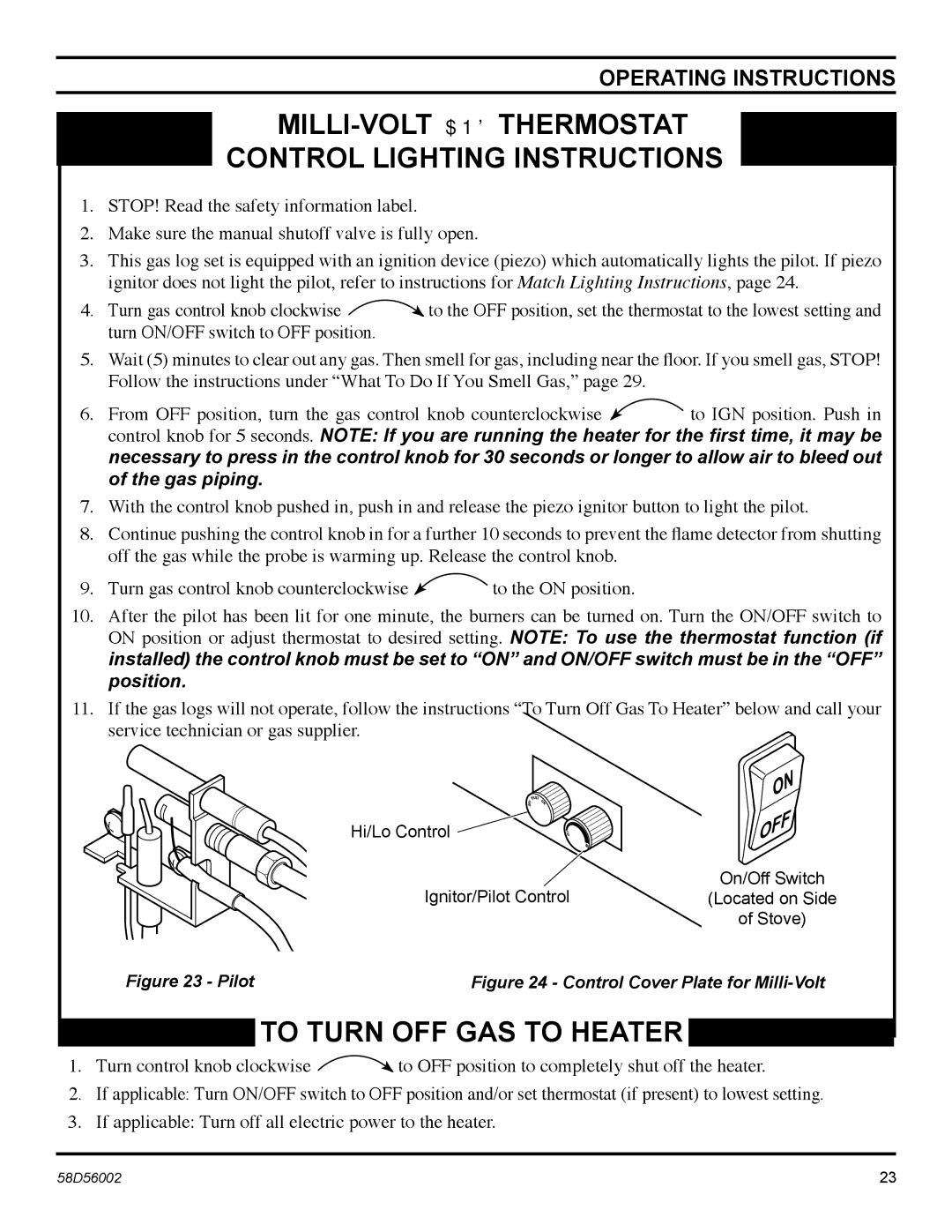 Monessen Hearth CSVF20SPV, CSVF30SPV, CSVF20SNV, CSVF30SNV manual MILLI-VOLT and Thermostat Control Lighting Instructions 