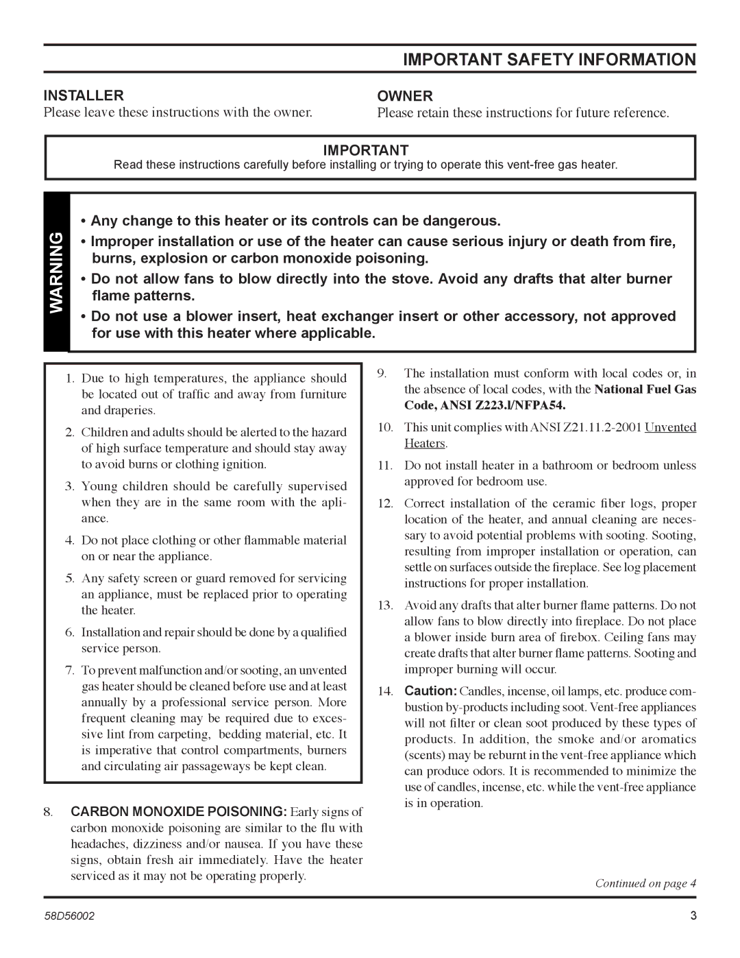 Monessen Hearth CSVF20SPV, CSVF30SPV, CSVF20SNV, CSVF30SNV manual Important Safety Information, Installer, Owner 