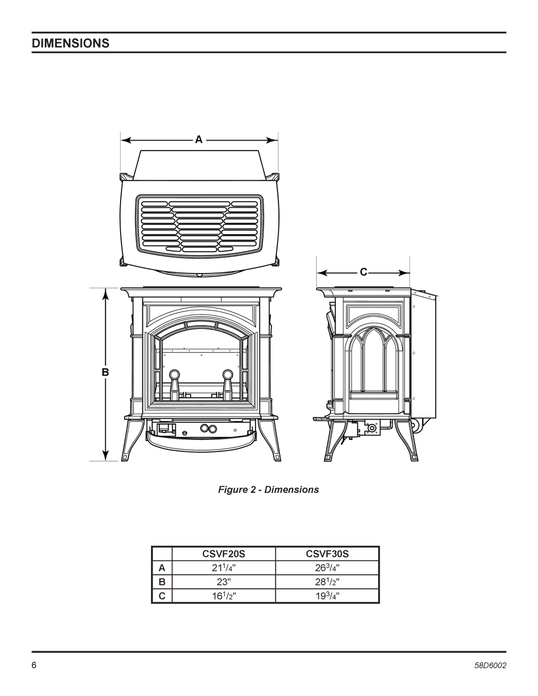 Monessen Hearth CSVF30SNV, CSVF30SPV, CSVF20SNV, CSVF20SPV manual Dimensions, CSVF20S CSVF30S, 26 3, 28 1, 16 1 19 3 