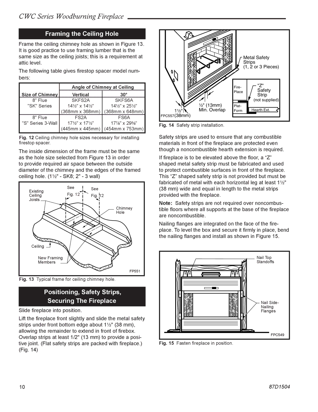 Monessen Hearth CWC500 manual Framing the Ceiling Hole, Positioning, Safety Strips Securing The Fireplace, Size of Chimney 