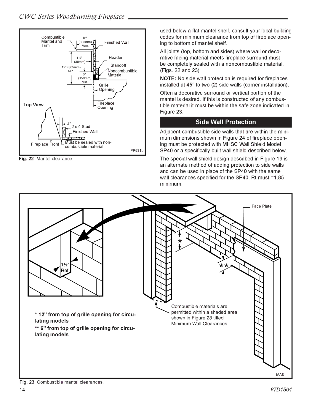 Monessen Hearth CWC500, CWC400 manual Side Wall Protection, From top of grille opening for circu- lating models, Top View 