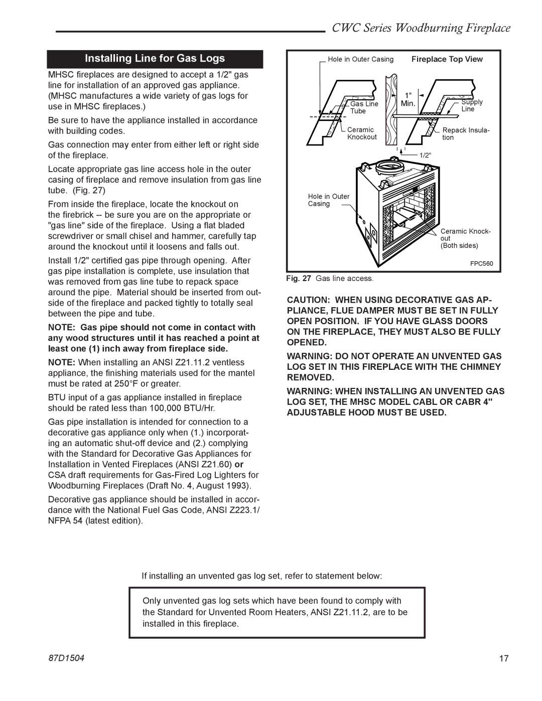 Monessen Hearth CWC400, CWC500 manual Installing Line for Gas Logs, Fireplace Top View 