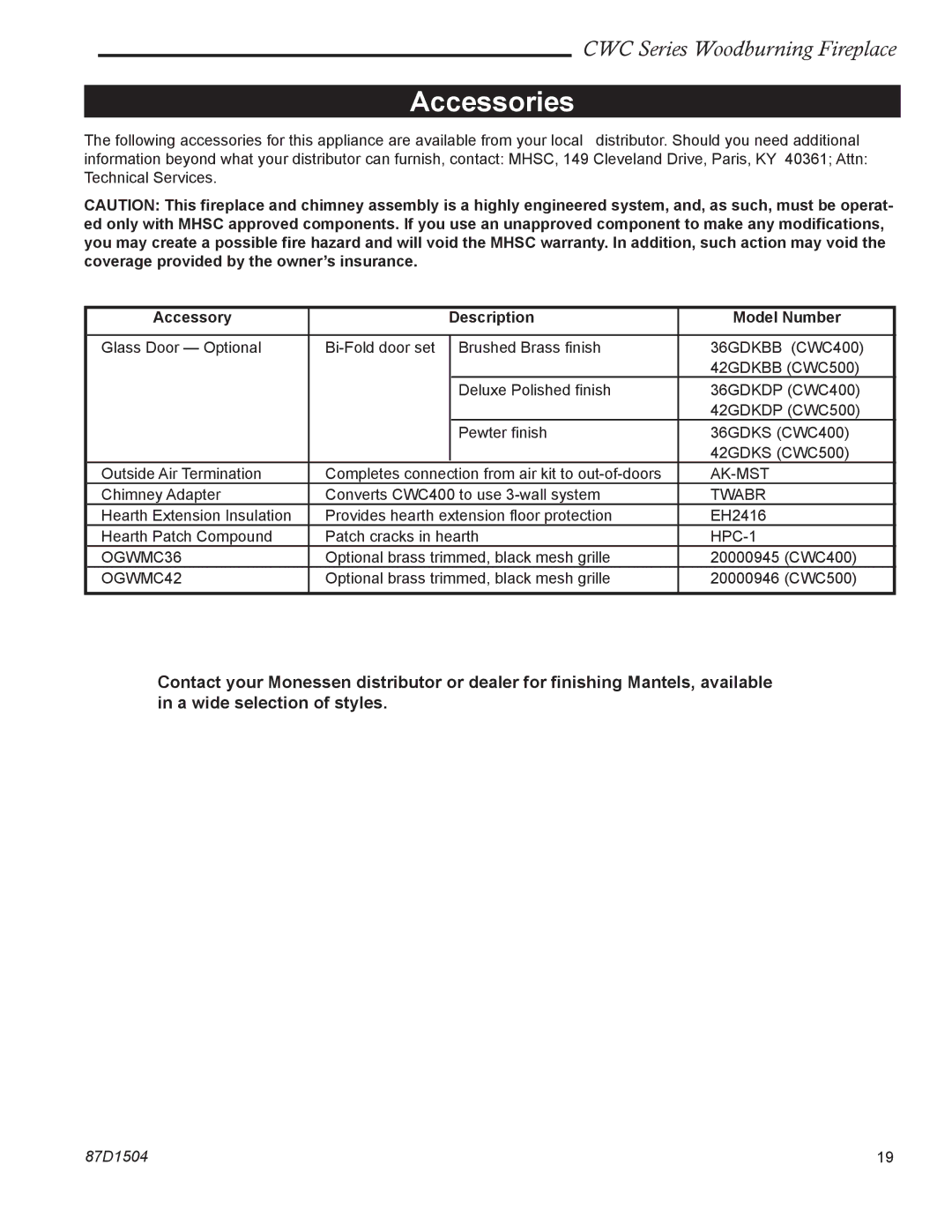 Monessen Hearth CWC400, CWC500 manual Accessories, Accessory Description Model Number 