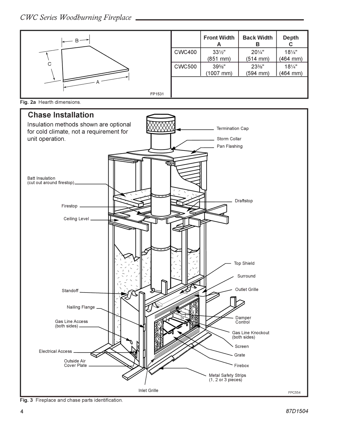 Monessen Hearth CWC500, CWC400 manual Chase Installation, Front Width Back Width Depth 