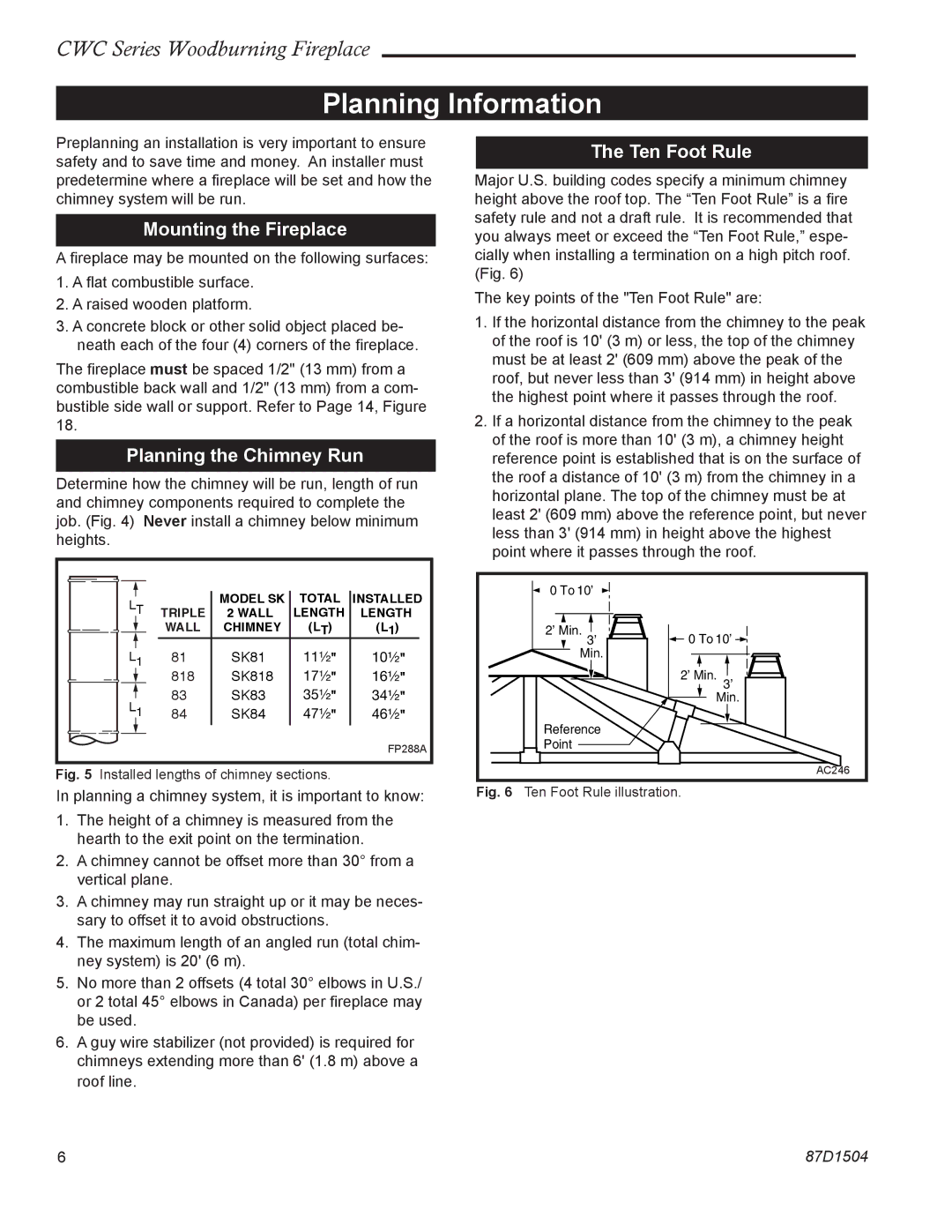 Monessen Hearth CWC500, CWC400 manual Planning Information, Mounting the Fireplace, Planning the Chimney Run, Ten Foot Rule 