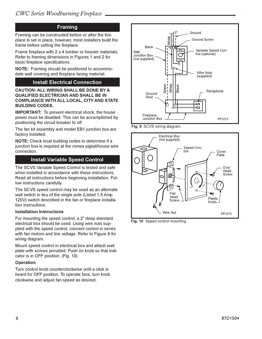 Monessen Hearth CWC500 Framing, Install Electrical Connection, Install Variable Speed Control, Installation Instructions 