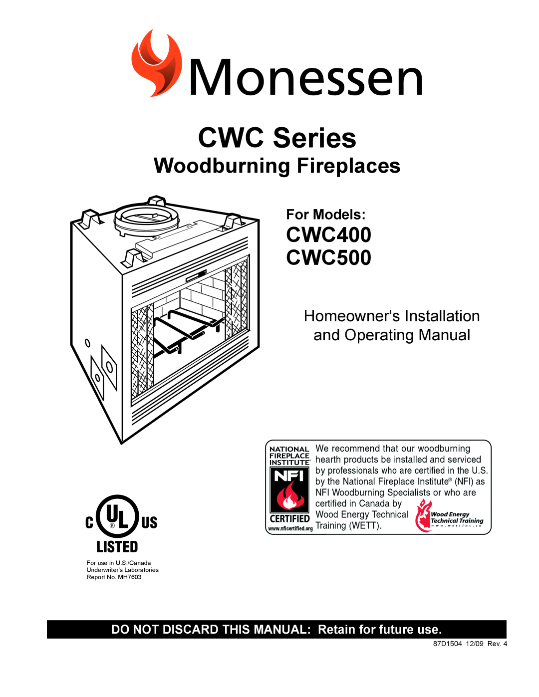 Monessen Hearth manual Woodburning Fireplaces, CWC400 CWC500, CWC Series, Homeowners Installation and Operating Manual 