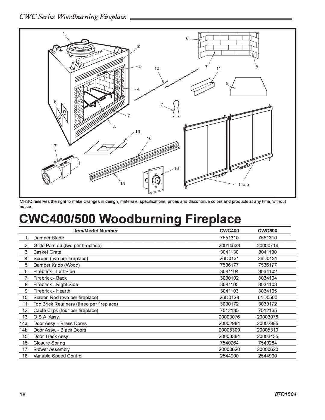 Monessen Hearth CWC500 CWC400/500 Woodburning Fireplace, CWC Series Woodburning Fireplace, 87D1504, Item/Model Number 
