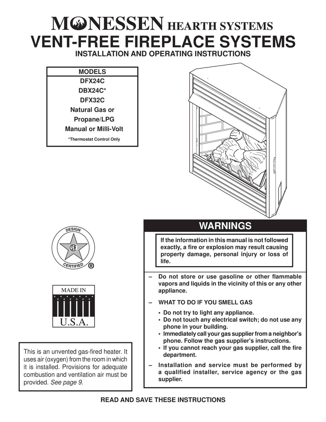 Monessen Hearth DBX24C* manual Installation and Operating Instructions, Models DFX24C DBX24C DFX32C 